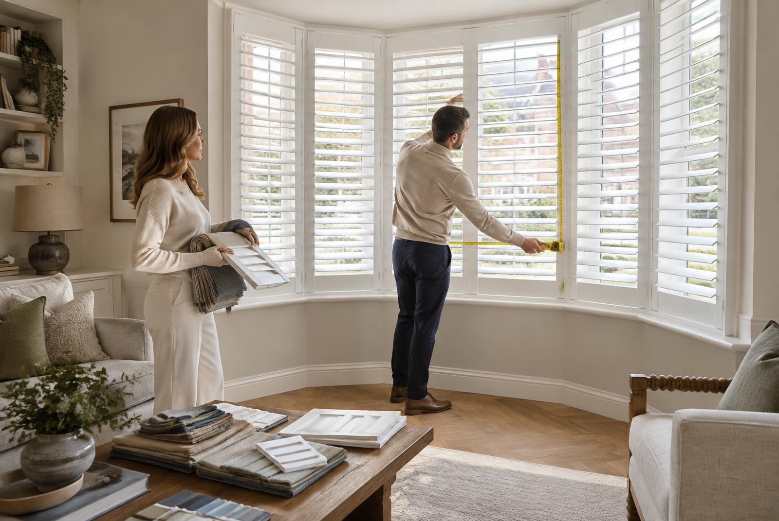 Window-covering consultant measuring plantation shutters during a home consultation